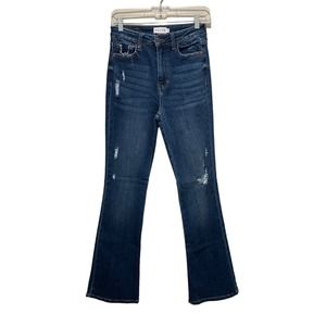 Cello High Rise Distressed Flare Jeans split bottom hem Dark Wash Size 5